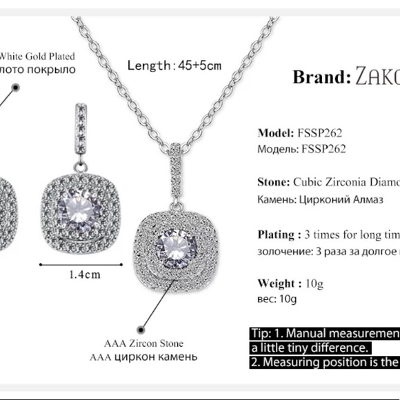 Classic Silver and Yellow Square Shape Zirconia Crystal Earrings Necklace Set - Picture 5 of 6